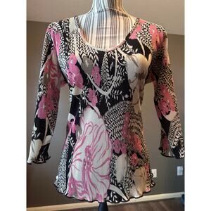 Vintage Andrea Behar Floral Pleated Sheer Top 3/4 Sleeve Blouse Medium